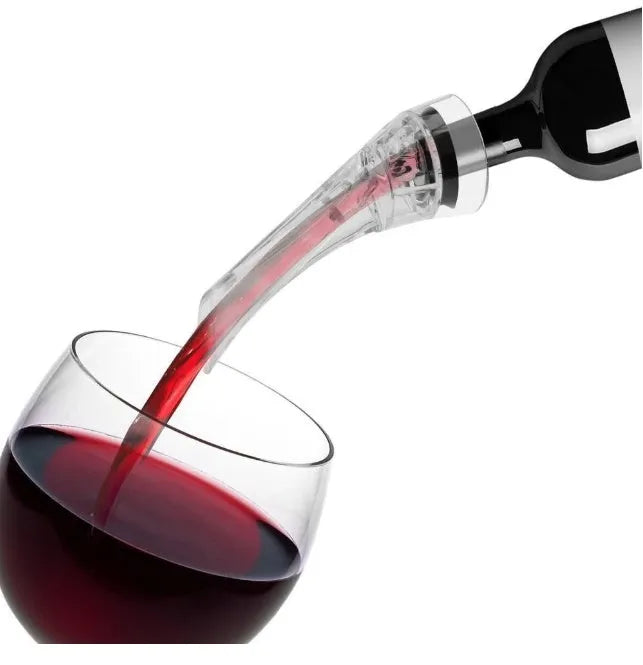 Wine aerator with stainless steel filter, measuring 16cm in length and 4.2cm in diameter, on a glass with red wine.