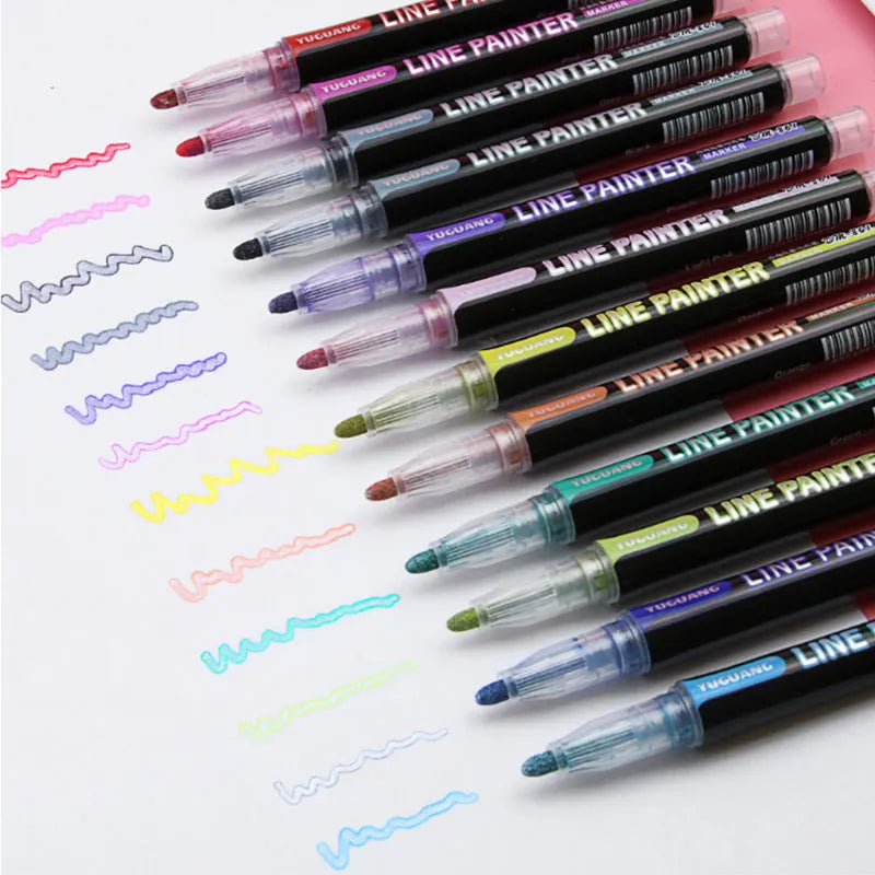 12-colour metal double line pen set with 13cm length and plastic tips