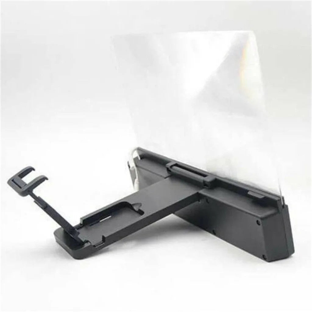 Mobile phone screen amplifier with 12-inch lens and gooseneck stand on a table, showing 3.5mm audio cable connection