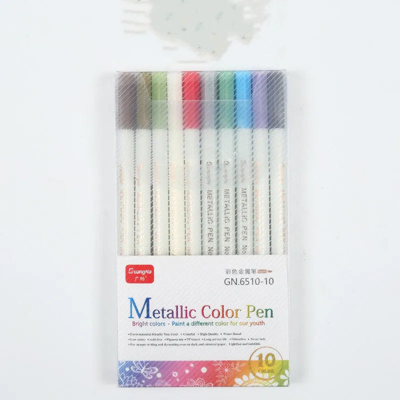 Boxed set of black card album colour metal-tip pens with plastic shells for office and stationery use.