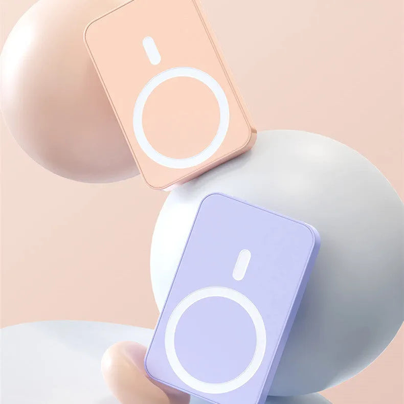Pink magnetic wireless power bank showing 20000mAh capacity and compact 100x64x18mm dimensions