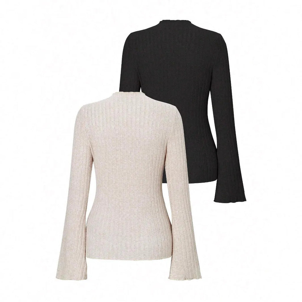 Long sleeve round neck top with lantern sleeves in brushed polyester fabric, black colour, slim fit