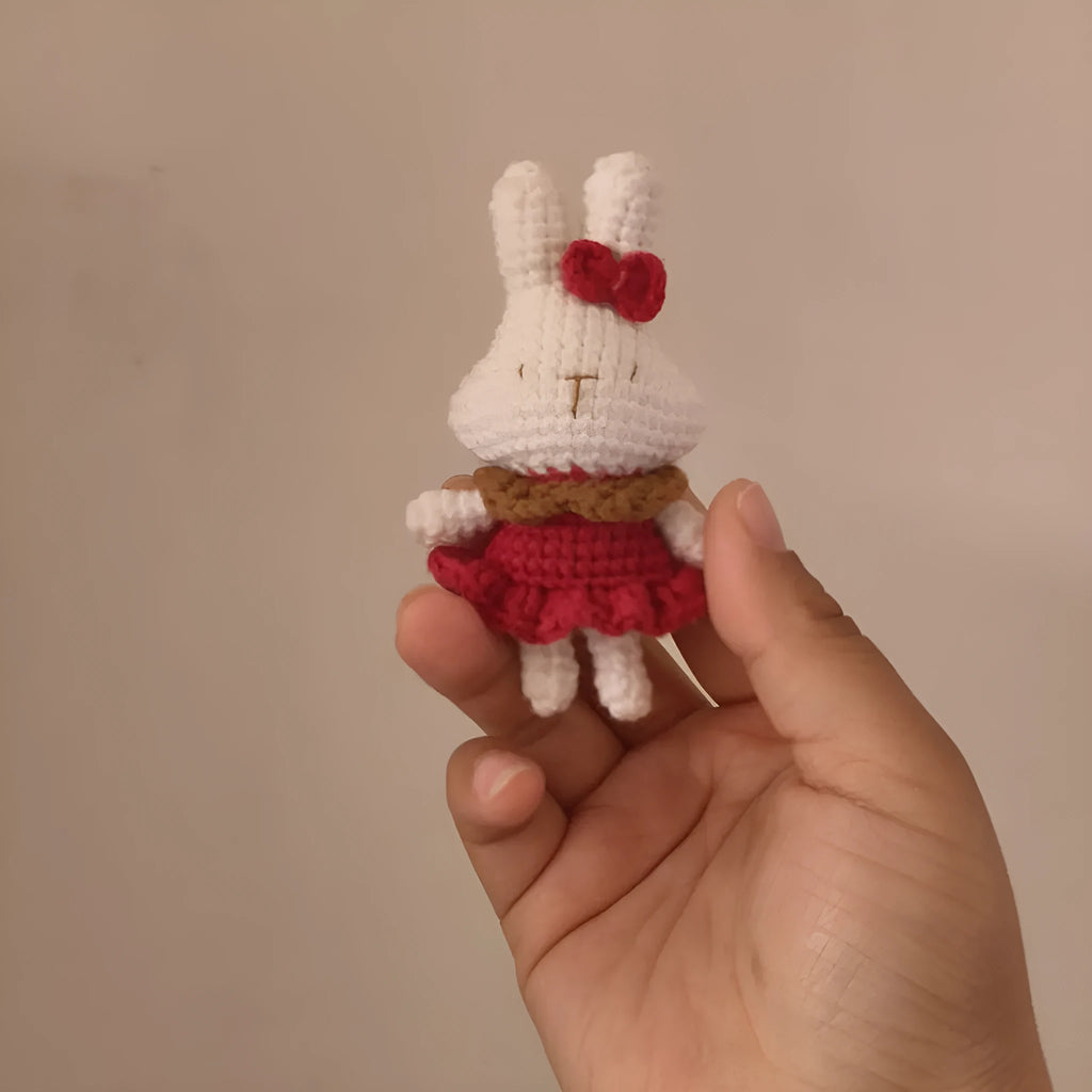 Hand-crocheted wool rabbit key chain pendant with optional metal ring attachment