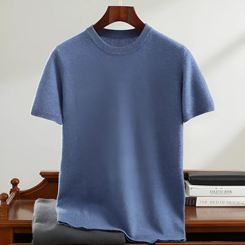 Men's round neck short sleeve sweater in steady black, loose fit pullover, casual youth jumper.