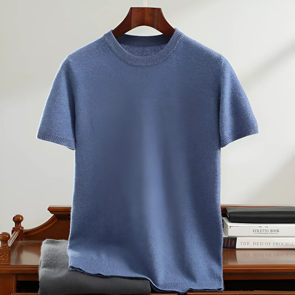 Men's round neck short sleeve sweater in steady black, loose fit pullover, casual youth jumper.