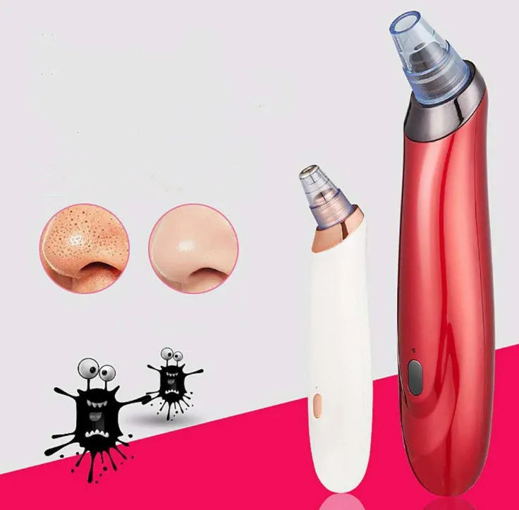 Handheld electric blackhead remover tool with multiple nozzle attachments on a white background.