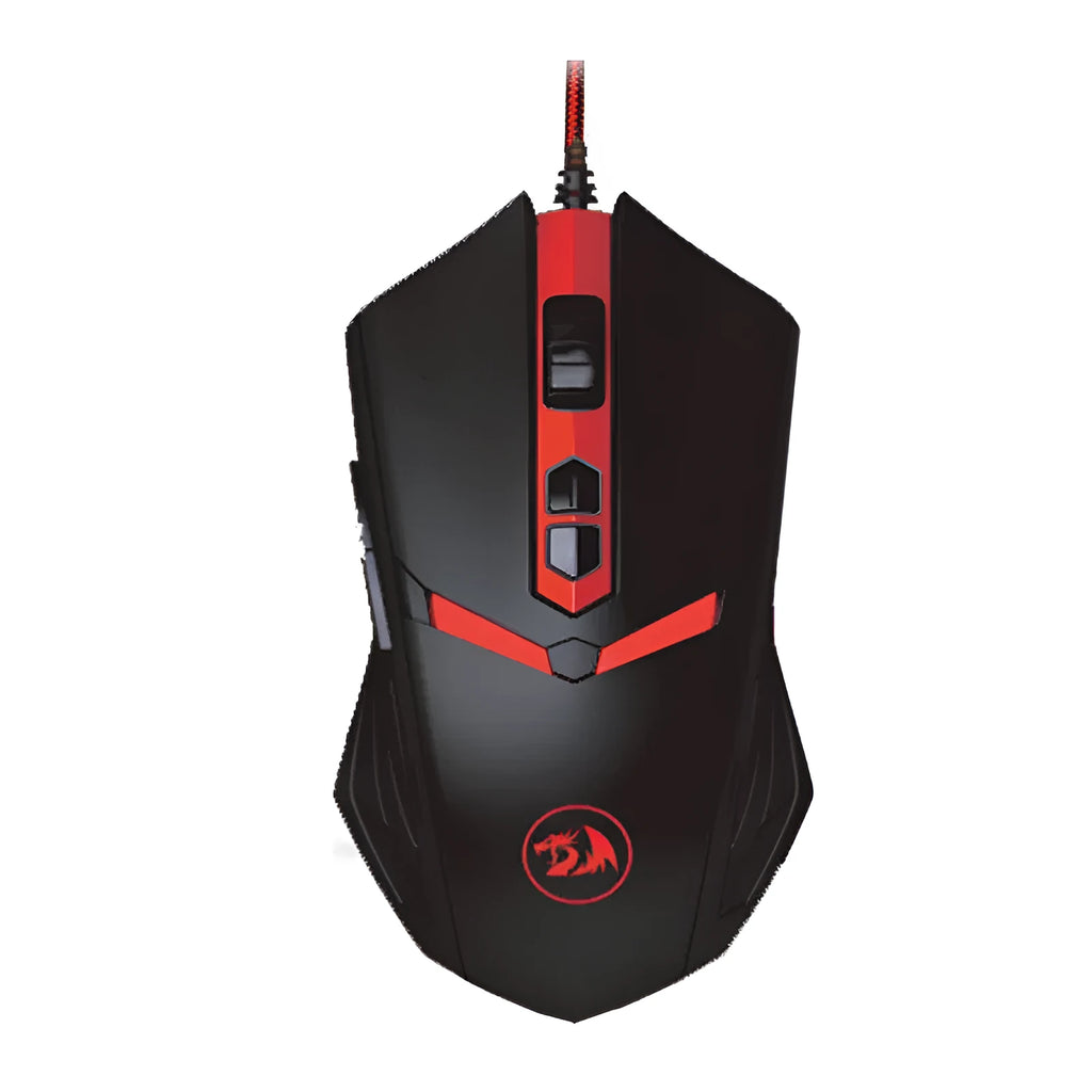Black and red wired USB ergonomic gaming mouse on a desk.