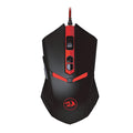 Black and red wired USB ergonomic gaming mouse on a desk.