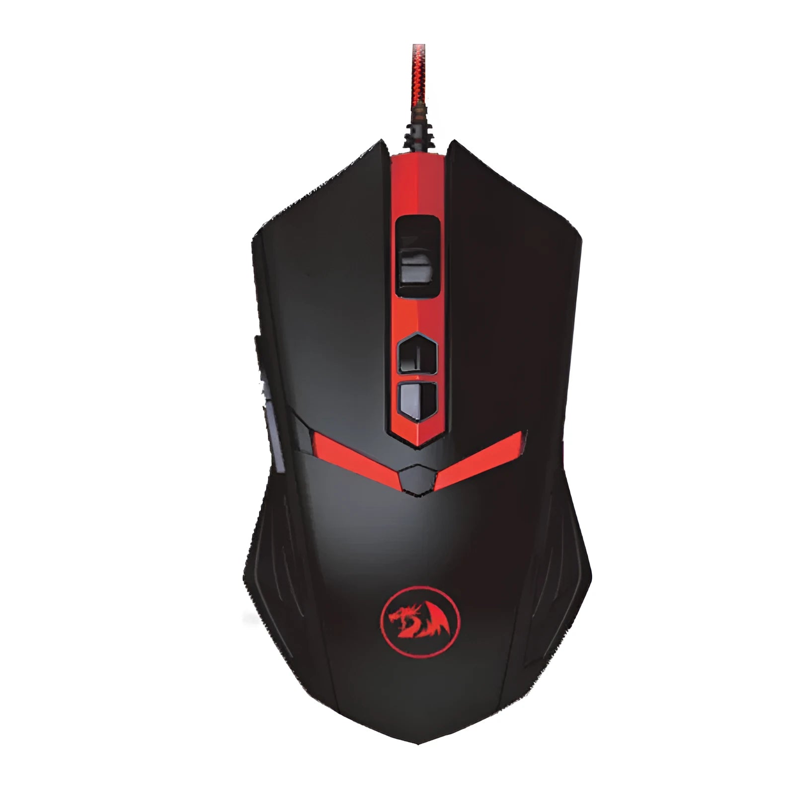 Black and red wired USB ergonomic gaming mouse on a desk.