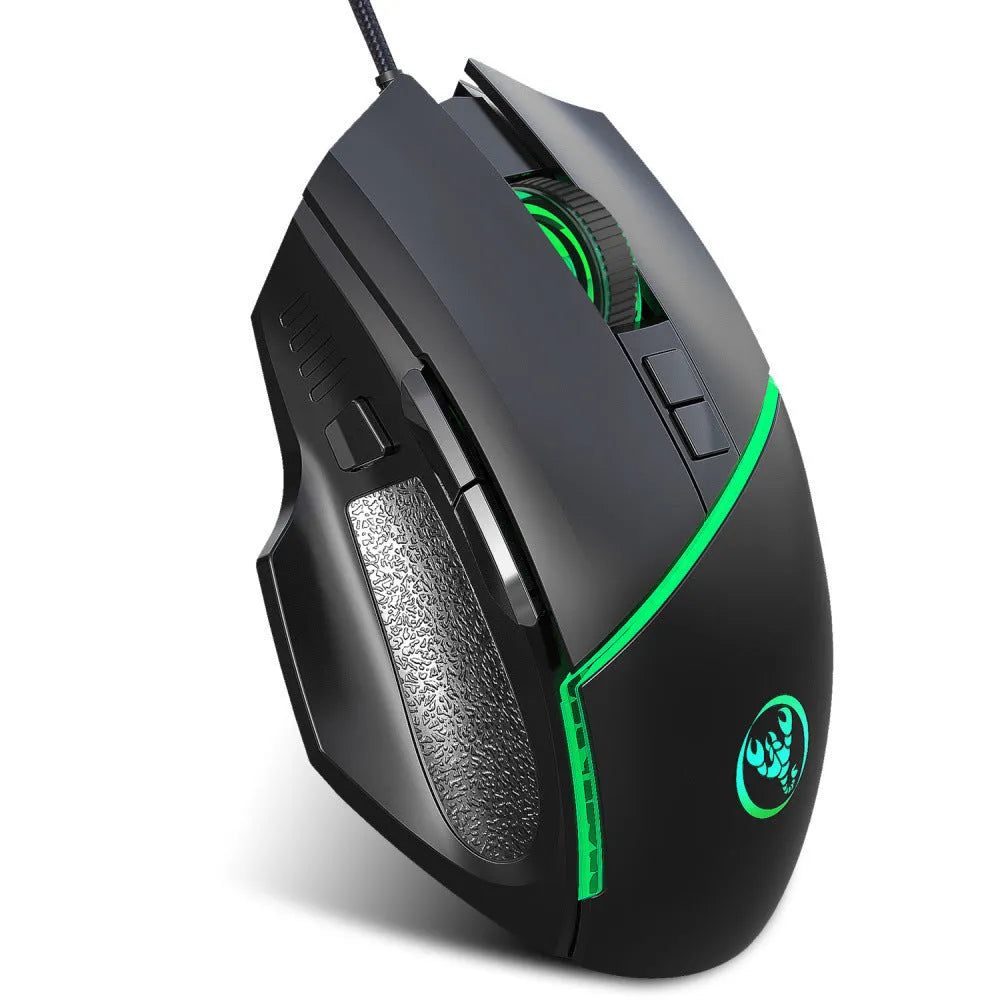 Black wired gaming mouse with 8 buttons, 6400 DPI adjustable sensor, 7-colour breathing light, and 150cm USB cable