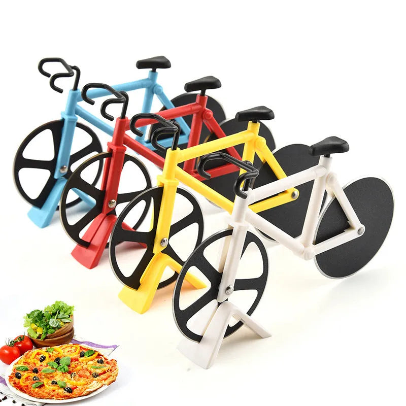 Bicycle-shaped pizza cutter with stainless steel 430# wheel and ABS plastic handle in assorted colours
