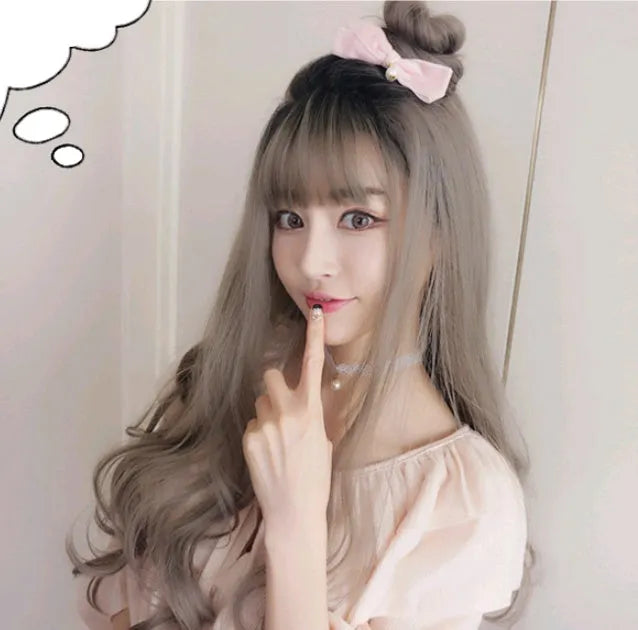 Long wavy curly wig with air bangs and pear flower detail, high temperature fibre, 62cm, for women