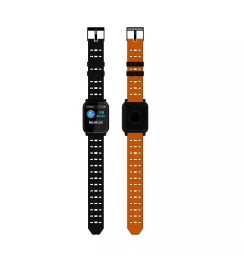 A6 smart bracelet with colour screen showing fitness metrics, silicone strap in blue, black, or orange options