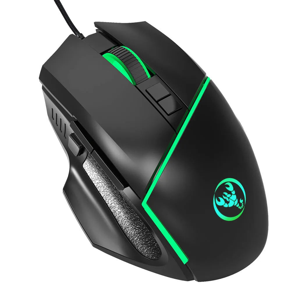 Black wired gaming mouse with 8 buttons, 6400 DPI adjustable sensor, 7-colour breathing light, and 150cm USB cable