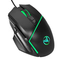 Black wired gaming mouse with 8 buttons, 6400 DPI adjustable sensor, 7-colour breathing light, and 150cm USB cable