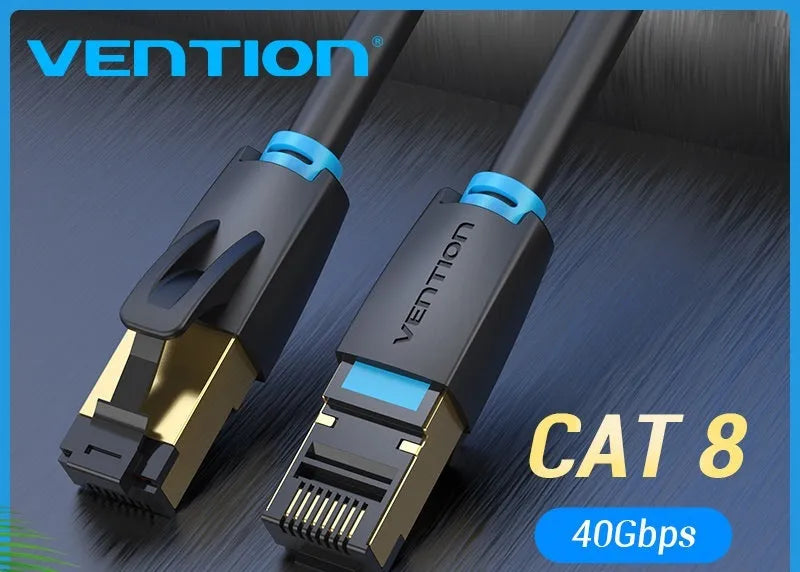 CAT8 shielded network cable with RJ45 plugs in flat and round styles for 10G home gaming