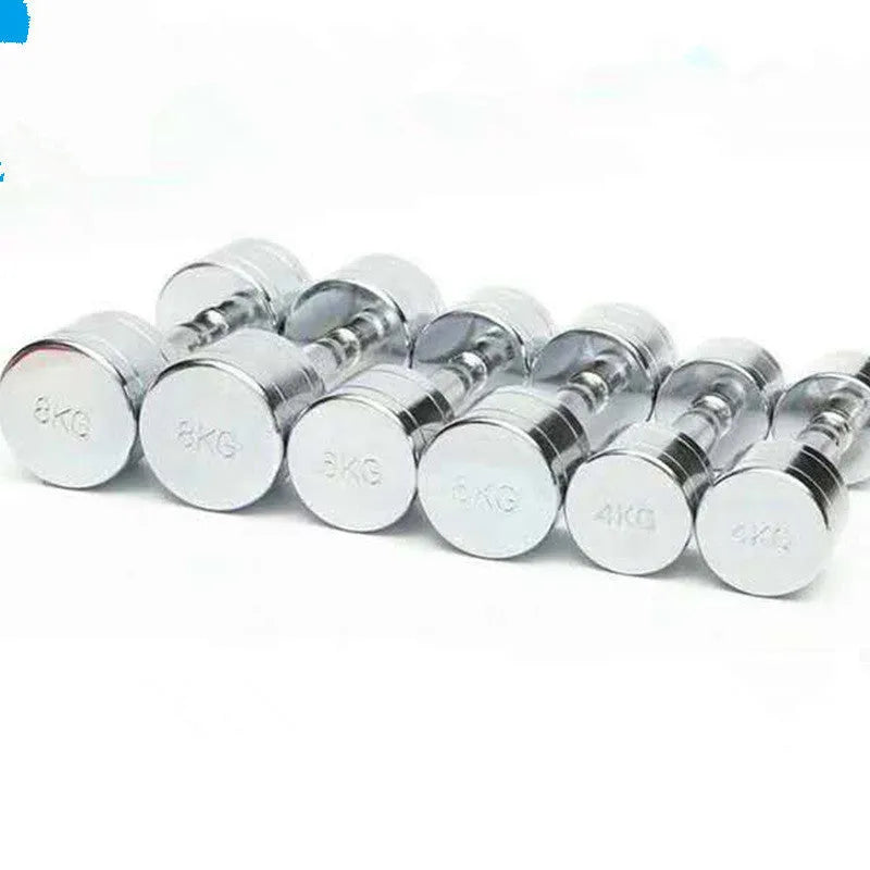 Silver pure steel dumbbell with textured ergonomic handle on a grey background.