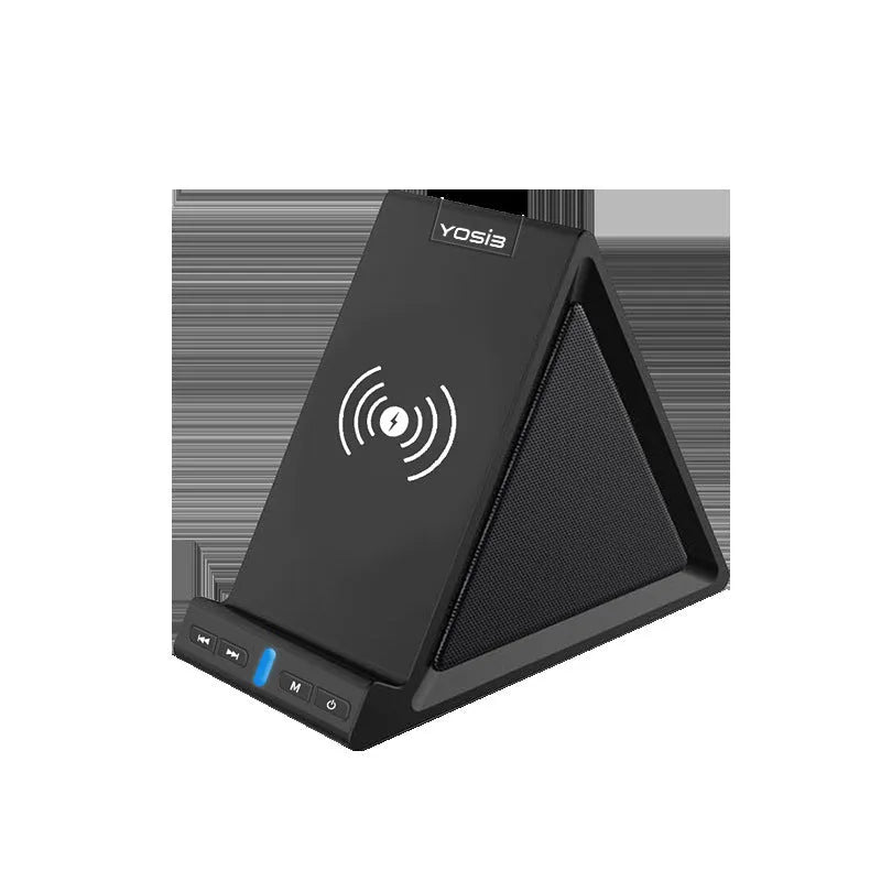 Black multifunctional Bluetooth speaker with integrated mobile phone stand and wireless charging surface, measuring 165x80x130mm