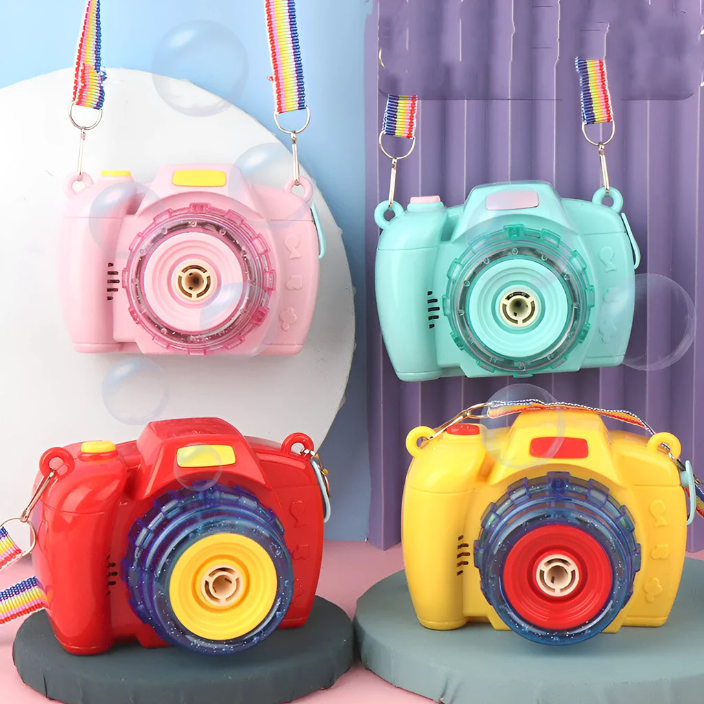 Camera-shaped yellow automatic bubble machine for children with strap and bubble liquid