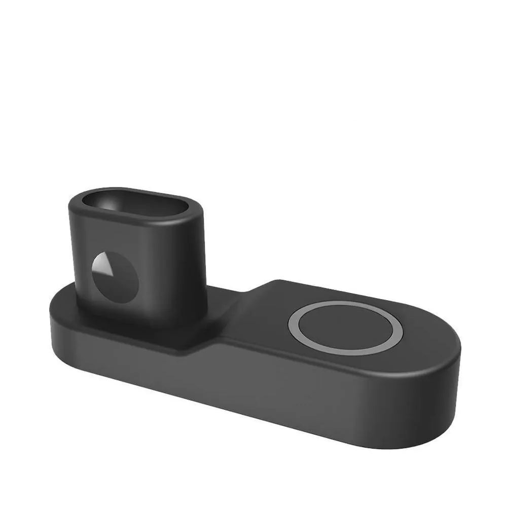 W3 wireless charging station in black or white, showing 3-in-1 design for iPhone, Apple Watch, and AirPods with detachable magnetic charger