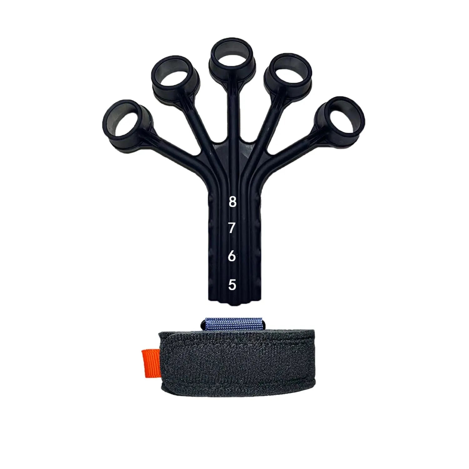 Black silicone finger trainer with adjusting belt for rehabilitation exercises