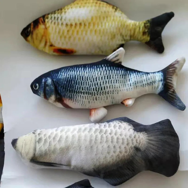 Multicolour 30cm electric jumping fish cat toy with a USB charging cable.