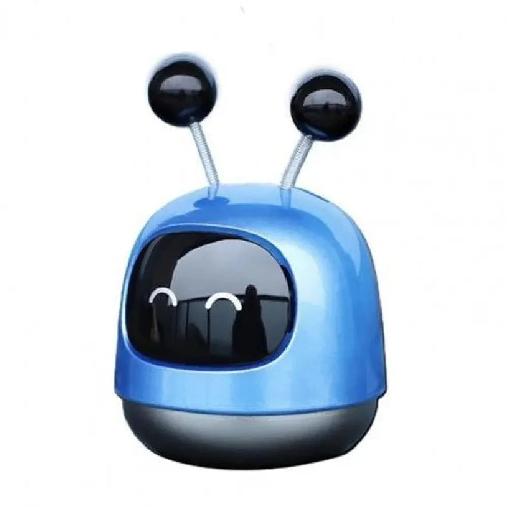 Blue robot car decorative ornament clipped to a car air vent as an aromatherapy diffuser.