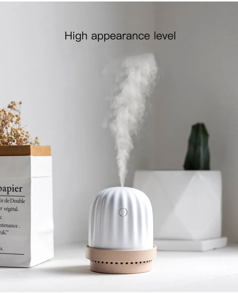 Cactus humidifier night light in green, pink, or white, 260ml tank, USB or rechargeable, 98 x 98 x 112mm