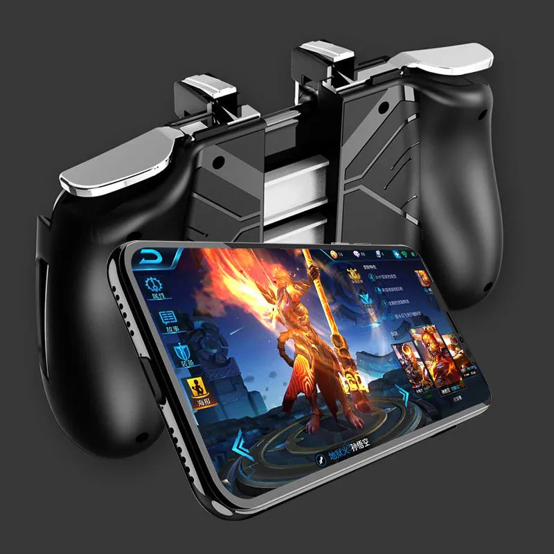 Black telescopic mobile game controller handle holding a smartphone with rubber grips visible.