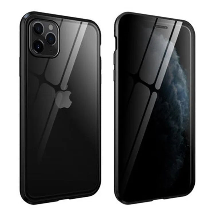 Anti-peep magneto iPhone case with metal frame and tempered glass in solid colour options