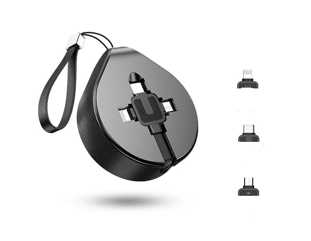 Telescopic three-in-one fast charging data cable extended to 1m, showing connectors for Lightning, micro-USB, and USB-C.