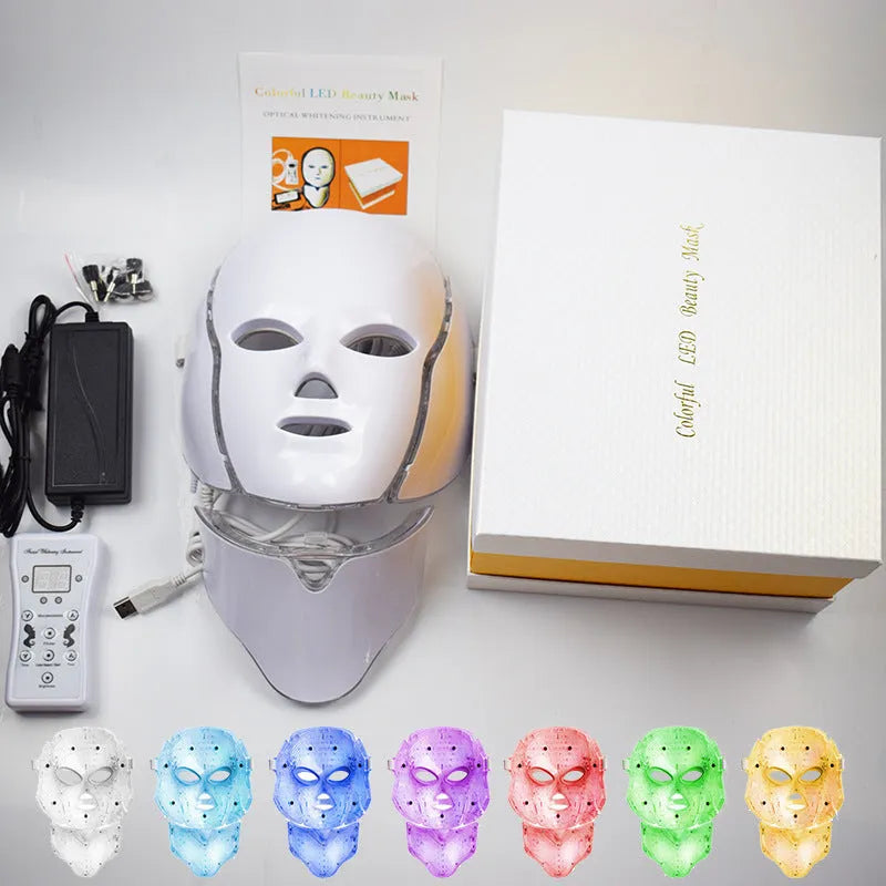 7 colour LED photon beauty mask with 192 LEDs, remote control, and white pearl powder coating