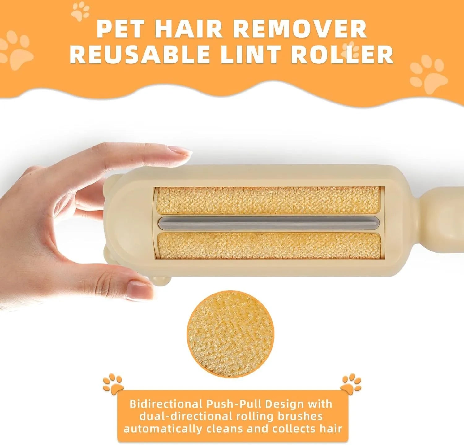 Blue pet hair remover with self-cleaning base rolling on a sofa to collect dog fur