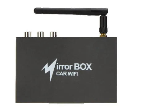 Black car mirror link box with Wi-Fi A/V converter, antenna, power cable, and AV cable for smartphone car integration