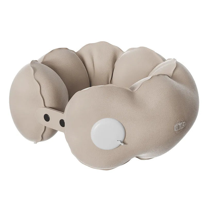 Inflatable U-shaped travel pillow in cloud bubble colour with a storage pocket