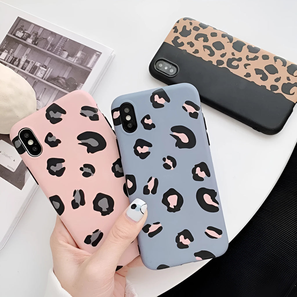 Leopard print pattern phone case for iPhone shown in black, blue, and pink colour options.