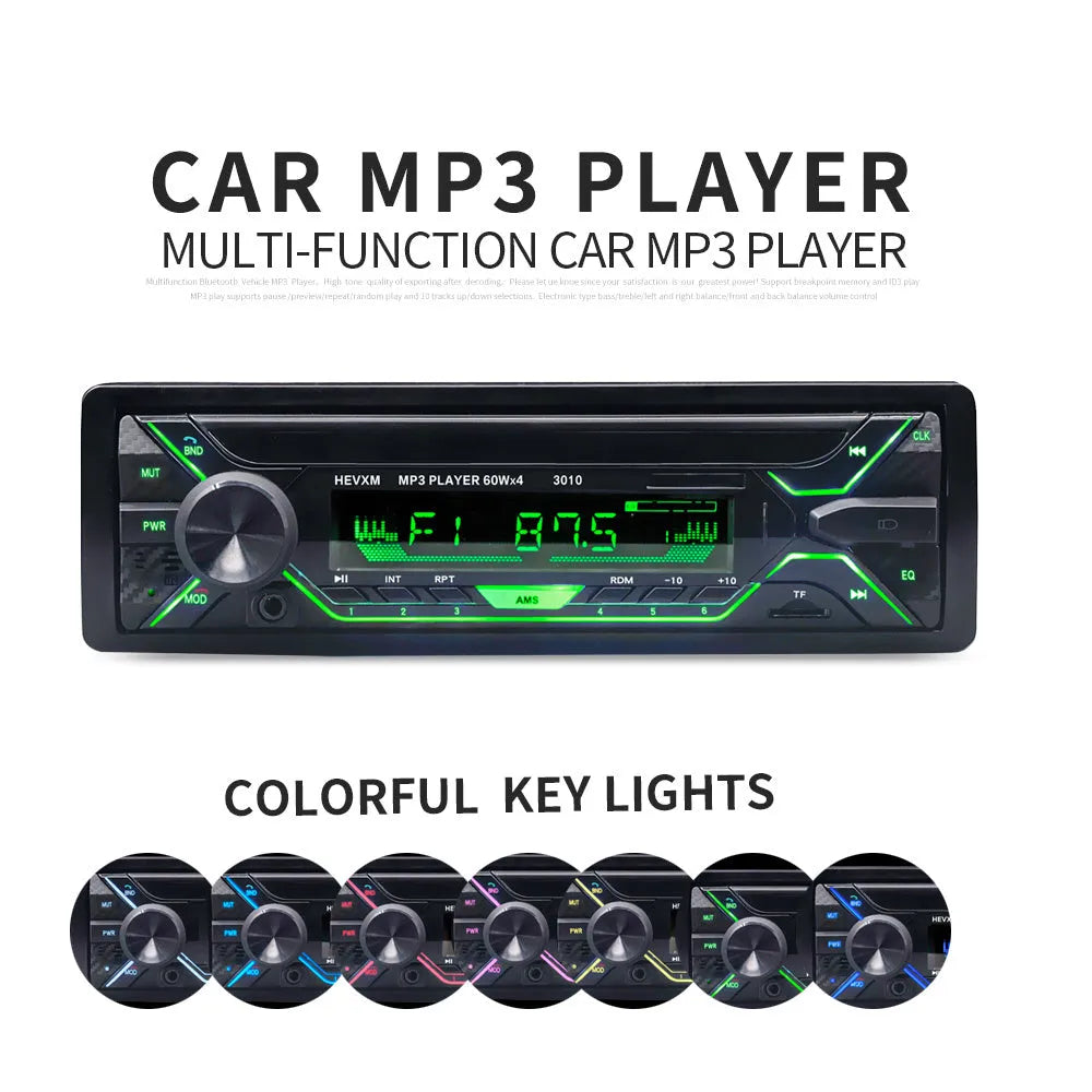 Car radio MP3 player with Bluetooth, FM radio, USB/TF slots, LCD display, and front panel controls