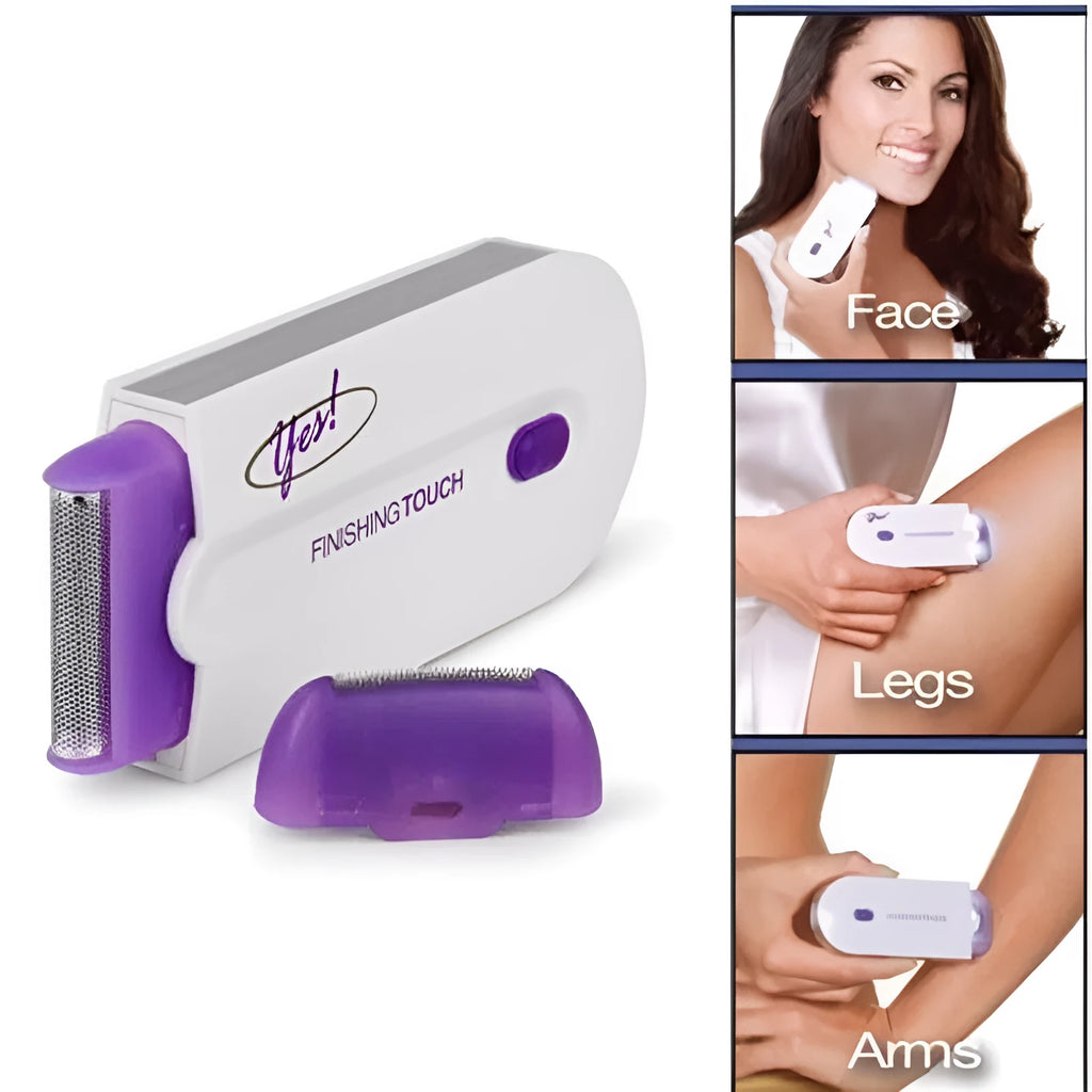 Finishing Touch electric hair removal instrument with Sensa-Light head and accessories on white background