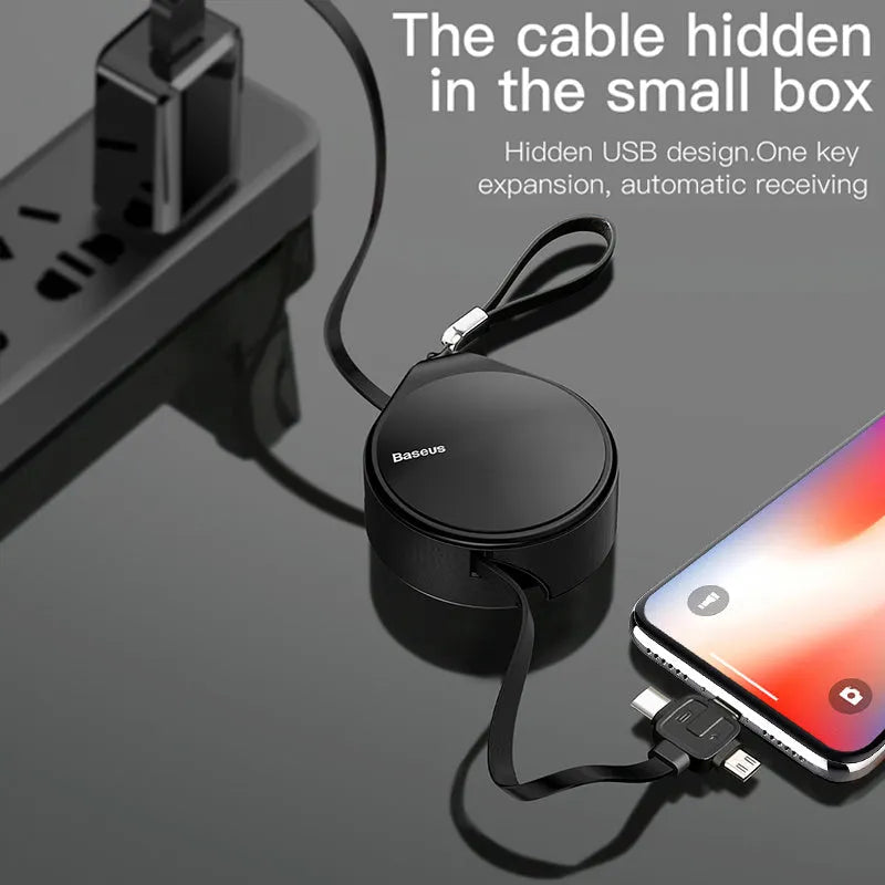 Telescopic three-in-one fast charging data cable extended to 1m, showing connectors for Lightning, micro-USB, and USB-C.