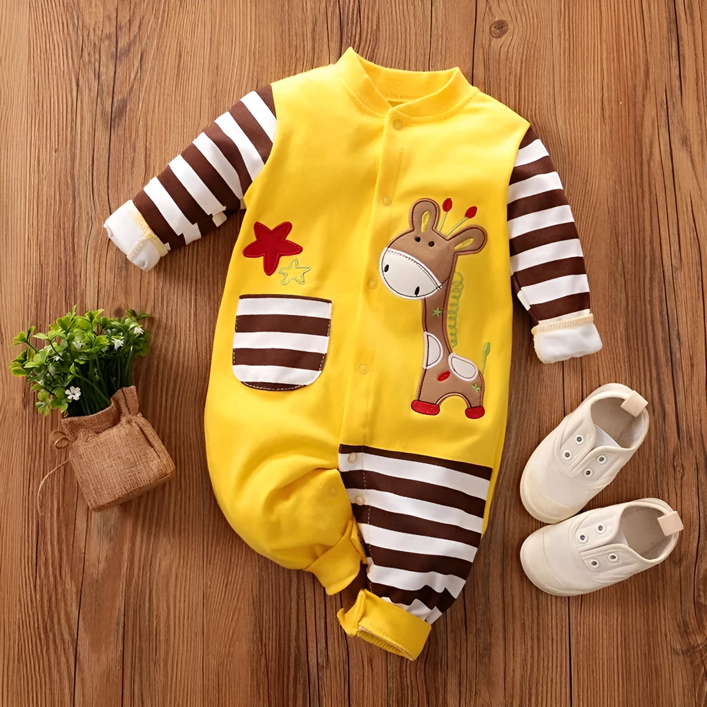 Cotton baby one-piece clothes in Giraffe colour, sizes 59cm to 90cm with bust, sleeve, hip and shoulder measurements