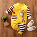 Cotton baby one-piece clothes in Giraffe colour, sizes 59cm to 90cm with bust, sleeve, hip and shoulder measurements