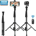 Black aluminium alloy selfie stick tripod with extended sections, compatible with Apple iPhones.