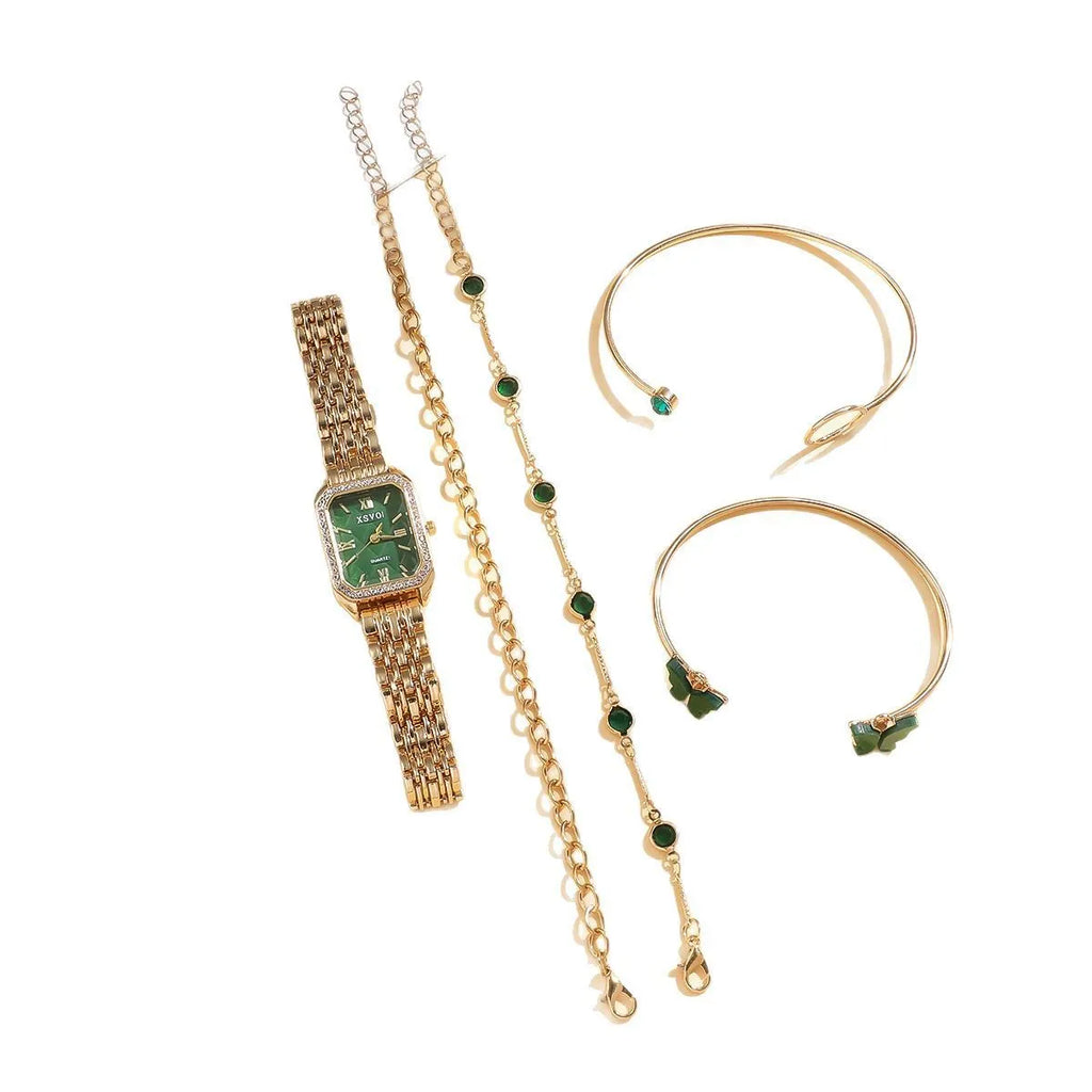 Gold green square steel watch with four matching bracelets in fashion accessory set