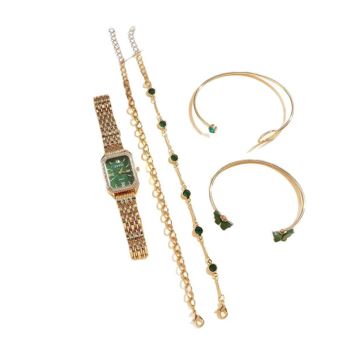 Gold green square steel watch with four matching bracelets in fashion accessory set