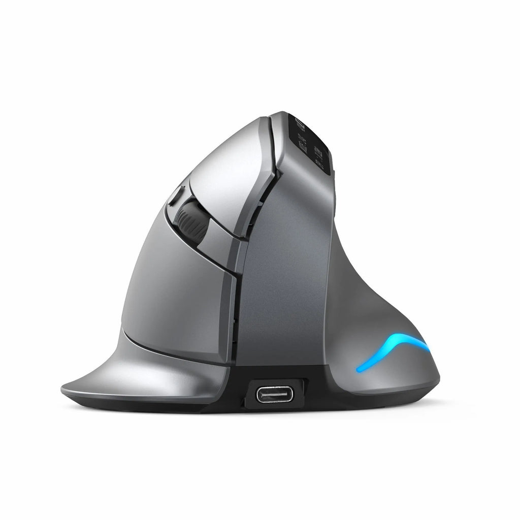Gray vertical ergonomic wireless mouse with Bluetooth connectivity and self-charging capability