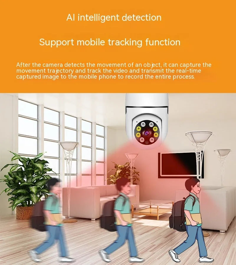 Compact bulb security camera with 5cm x 12cm dimensions showing lens and wifi connectivity for 1080p monitoring