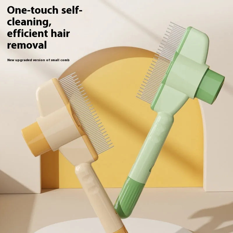 Green and yellow pet comb with stainless steel teeth and a self-cleaning release button.