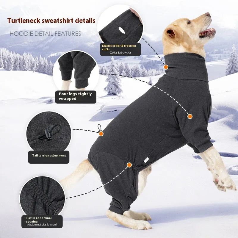 Dark grey polar fleece dog clothes with four legs and high collar design for winter wear