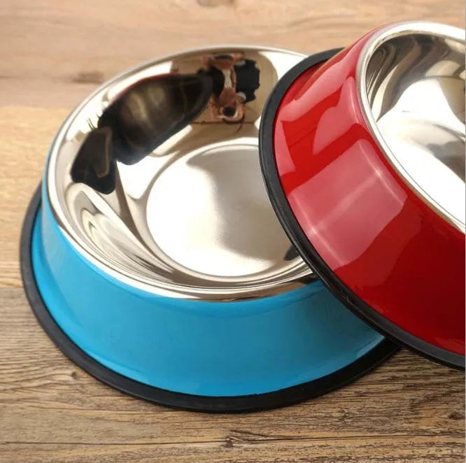 Stainless steel pet bowl with colourful melamine exterior and non-slip base for pet feeding