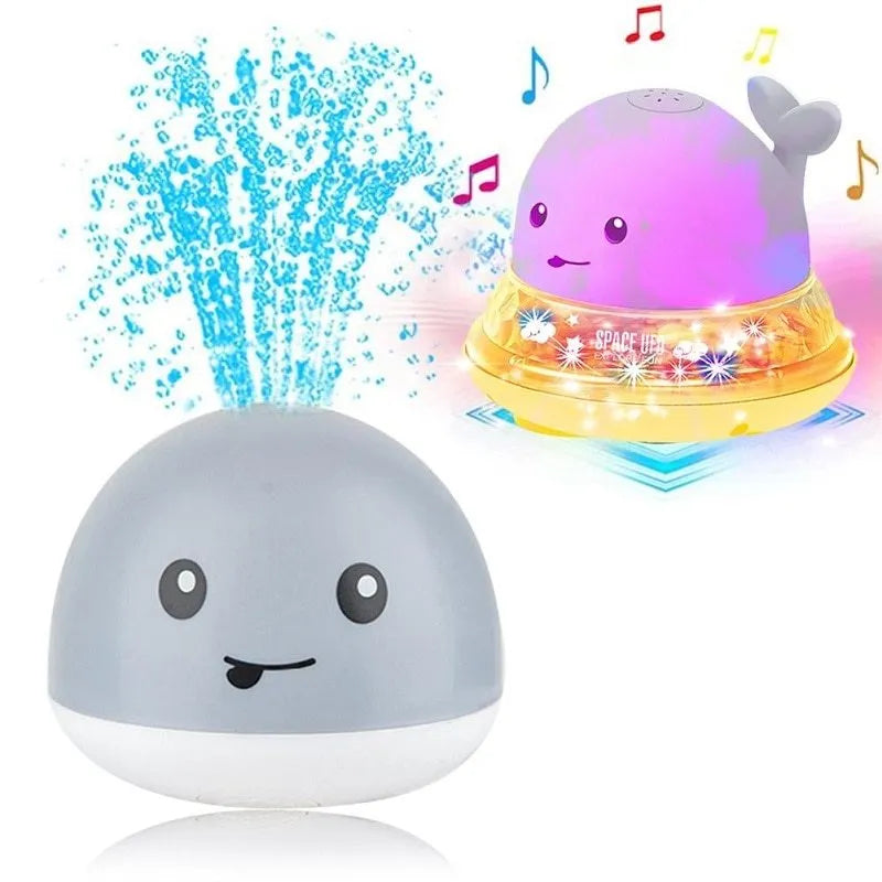 Electric induction whale spray bath toy with automatic water sensing, flashing light, and music functions